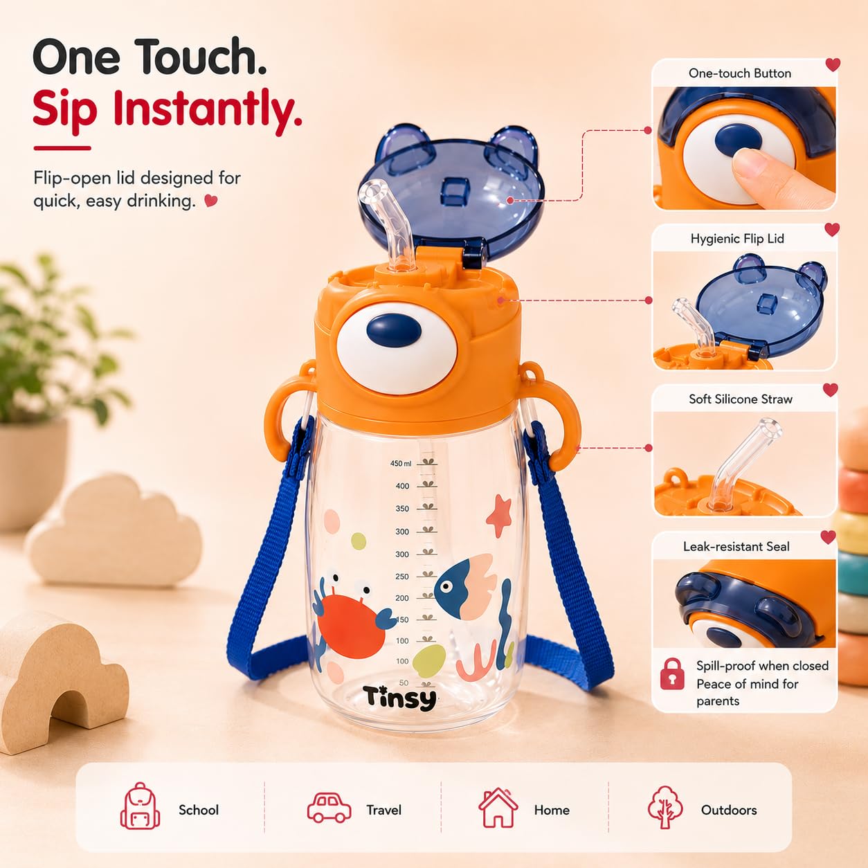 Tinsy Cute Bear Kids Straw Water Bottle 450 ml