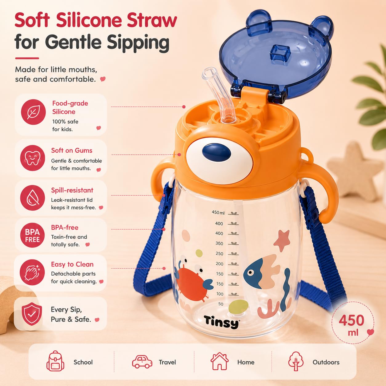 Tinsy Cute Bear Kids Straw Water Bottle 450 ml