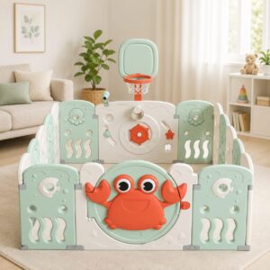 TINSY Sea World Baby Playpen | 12+2 Panel Safety Play Yard with Lockable Door and Activity Panels (~25 sq. feet of Play Area) | High Quality HDPE Material | Basketball Hoop Included | Indoor Play Area for Babies Toddlers and Kids | Ocean Blue