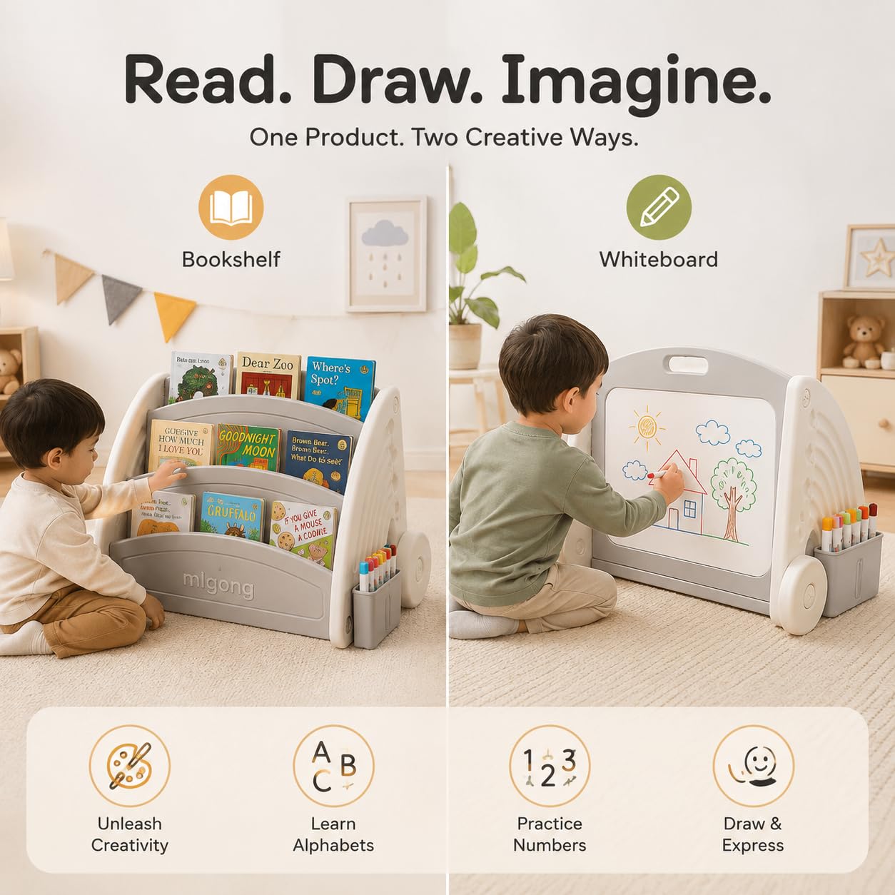 Tinsy 3-in-1 Convertible Kids Bookshelf with Whiteboard