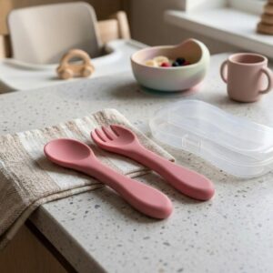 Tinsy Baby Silicone Feeding Spoon and Fork Set with Plastic Travel Case – Soft-Tip, Lightweight & Portable Baby Utensils for Self-Feeding, Light Green