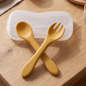 Tinsy Baby Silicone Feeding Spoon and Fork Set with Plastic Travel Case – Soft-Tip, Lightweight & Portable Baby Utensils for Self-Feeding, Light Green