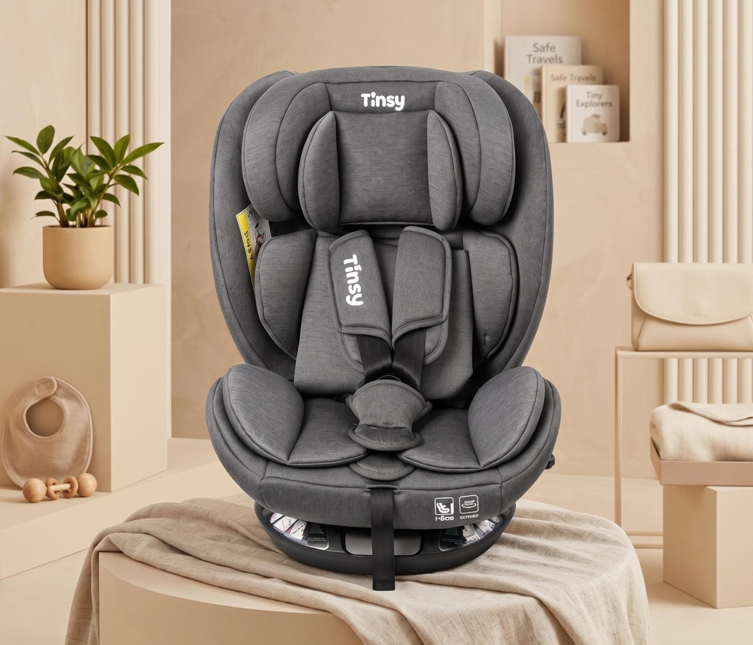 TINSY Odyssey ECE R44/04 Certified 360° Rotatable Convertible Car Seat for Baby & Kids, 0-12 Years, ISOFIX Installation, 5-Point Safety Harness, Side Bumper Protection, Charcoal Grey Tinsy Odyssey 360° Rotating Convertible Car Seat (ISOFIX)