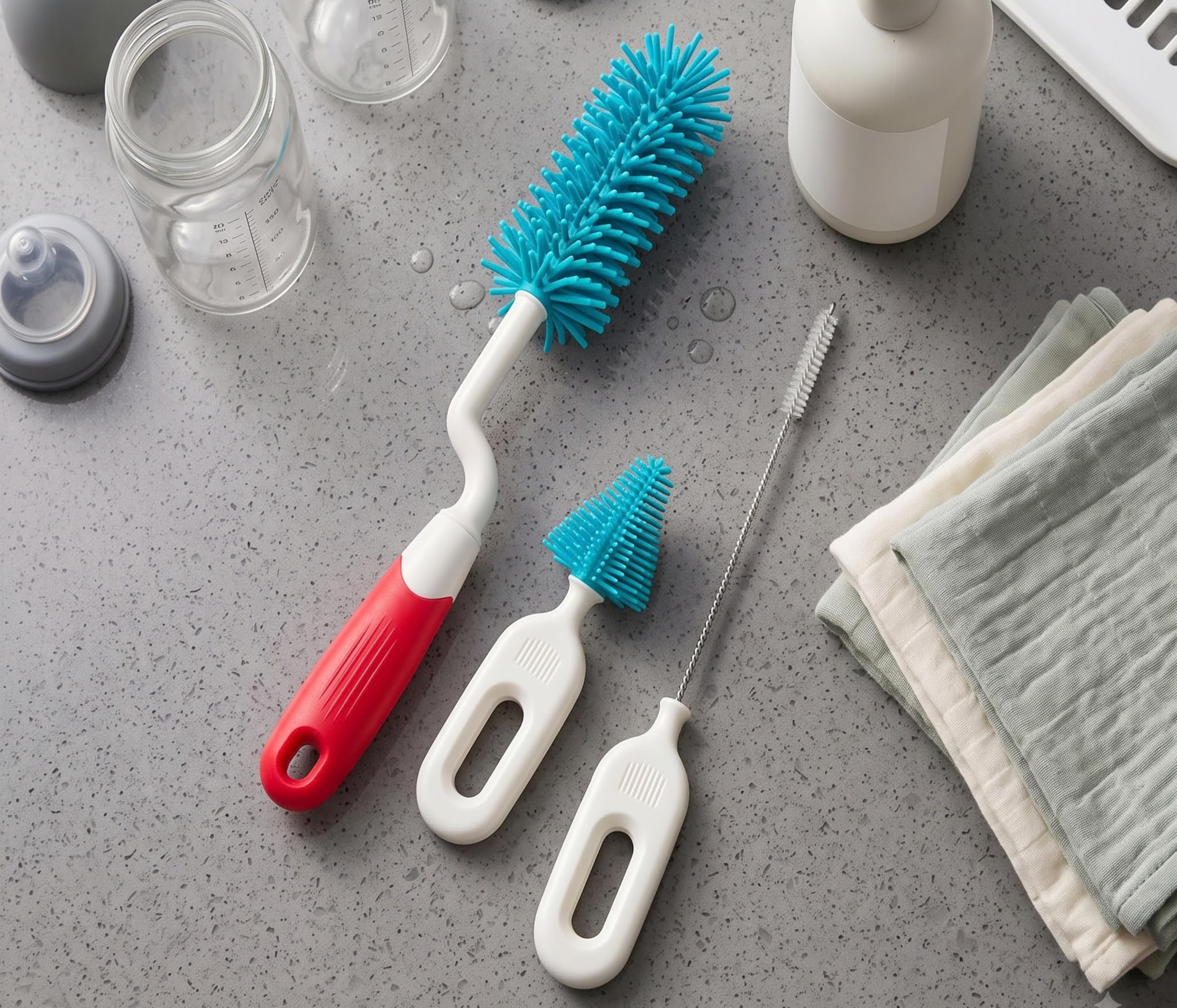 TINSY Baby Bottle Cleaning Set | Complete Cleaning Kit with Bottle Brush Nipple Brush and Accessories | Cleaning Tools for Baby Feeding Bottles Cups and Sippers | Red Tinsy Baby Bottle Cleaning Set
